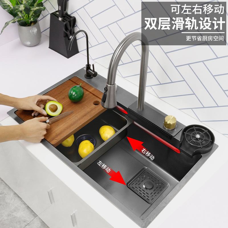 飞雨一体式枪灰色水槽厨房304洗菜水盆池台下盆洗碗槽手工大单槽