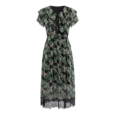 马天奴黑色印花收腰长款连衣裙