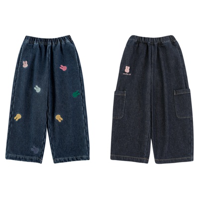 幼悠女童2025冬季新款彩虹兔加绒直筒牛仔裤宽松显瘦儿童百搭长裤