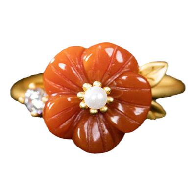 古法金红玉髓戒指梅花玛瑙女士
