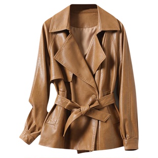 绵羊皮女士外套短款韩版腰带真皮女皮夹克2026春秋新品海宁女皮衣