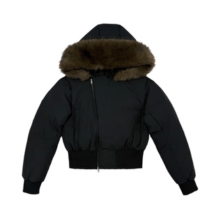 JCAESAR WOMEN 90白鸭绒 可拆卸毛领 斜门襟连帽短款羽绒服外套冬