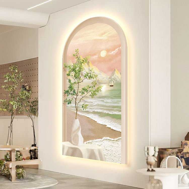 奶油风进门玄关装饰画温馨治愈系过道走廊挂画海浪风景客厅发光画