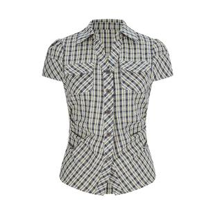 MosesQueen魔西女王复古格子短袖衬衫收腰显瘦衬衣修身polo领上衣