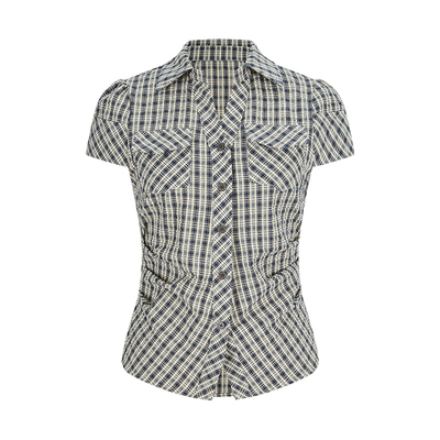 复古格子短袖衬衫女收腰显瘦衬衣