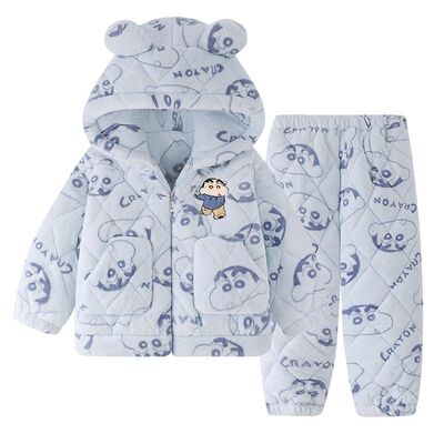 男童珊瑚绒睡衣冬季三层夹棉加厚连帽开衫卡通家居服套装可外穿