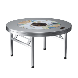 不锈钢转盘圆桌家用餐桌商用加厚饭桌电磁炉火锅一体折叠饭台