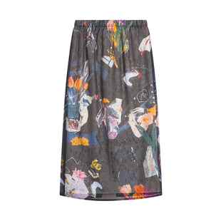 Desigual26春夏新品插画印花欧根纱蕾丝松紧腰长款女式半身裙