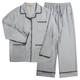 埃森费姆中国福衣暮云灰羊毛混纺刺绣情侣睡衣套装男女同款家居服