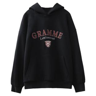 CV大码女装 2025冬季新款连帽字母刺绣加绒卫衣情侣套头上衣胖MM