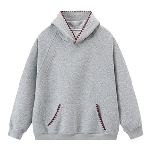 悟空有货潮牌撞色手缝线设计感连帽卫衣男女春季宽松重磅情侣外套