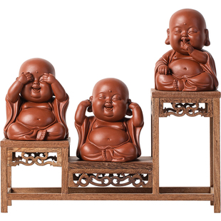 紫砂三不弥勒佛茶宠摆件招财笑佛中式家居茶室茶桌博古架禅意装饰
