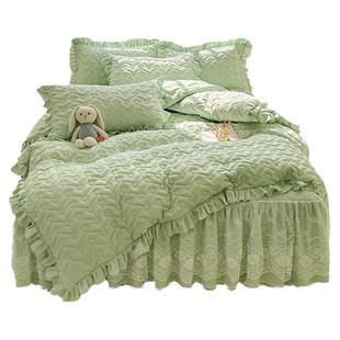 纯色夹棉加厚两用被套单件加棉枕套三四件套荷叶花边被罩四季通用