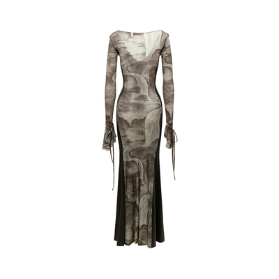 4muggle木耳边气质显瘦印花长裙