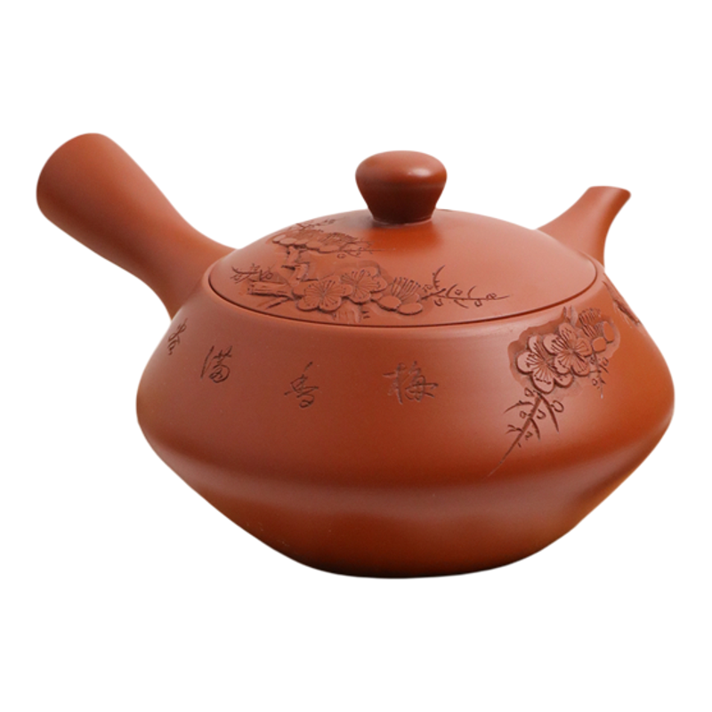 日本常滑烧玉堂作白道雕 朱泥梅花270ml纯手工日式紫砂侧把陶茶壶