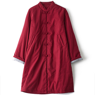 复古棉衣中长款棉麻夹棉加厚袍子中式盘扣棉服禅修服棉袄女冬外套