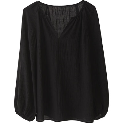 CR黑色宽松圆领长袖衬衫上衣