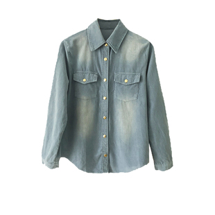 佟丽娅关雨晴同款衣服蓝色水洗灯芯绒衬衫春秋韩版休闲外套上衣女