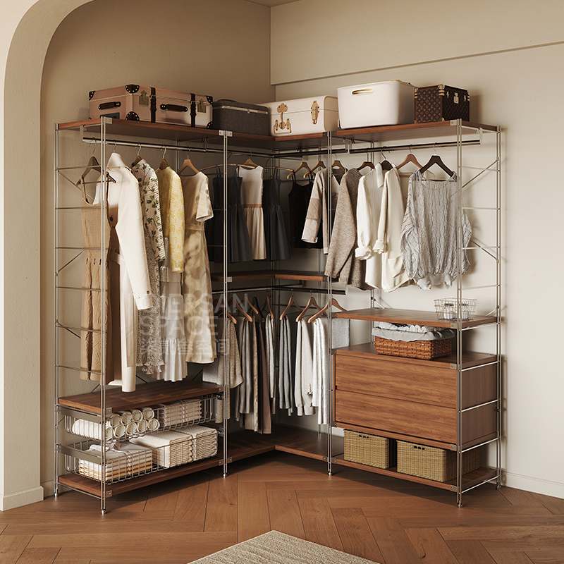 开放式衣帽间置物架卧室落地式金属不锈钢收纳储物衣柜转角衣帽架