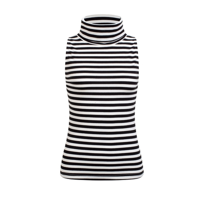 条纹弹力高领无袖背心