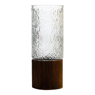 高级感新中式木托玻璃花瓶中国风透明水养插花客厅摆件轻奢装饰品