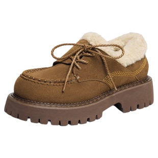 红蜻蜓加绒皮鞋女冬新款女鞋加厚保暖雪地靴厚底增高毛绒乐福棉鞋