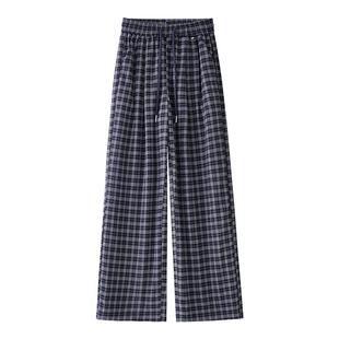 拉夏贝尔复古格子阔腿裤女2026春季新款高腰宽松慵懒风直筒休闲裤