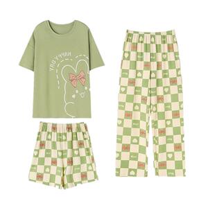 北极绒短袖长裤睡衣女夏季纯棉三件套装2024年新款少女可爱家居服