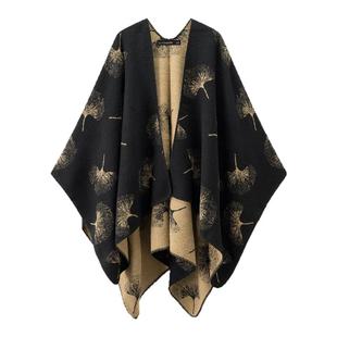 拉夏贝尔/La Chapelle复古提花针织开衫女民族风旅游外搭斗篷披肩