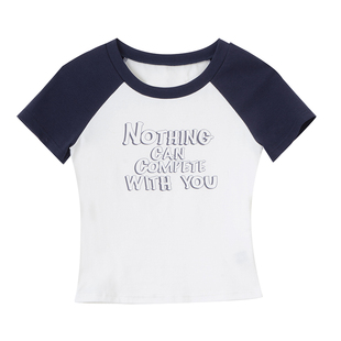 First Ring 黄白/藏青撞色 插肩袖字母印花短袖T恤女圆领修身上衣