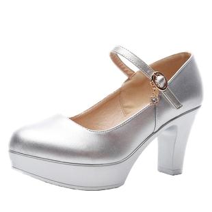 伊霖斯薇圆头一字扣防水台高跟鞋女厚底模特走秀鞋粗跟银色单鞋