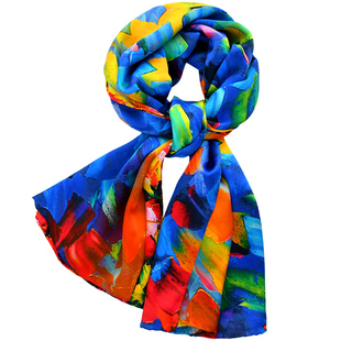 蓝色黄色绚丽油画印花加宽真丝桑蚕丝丝巾长巾女春夏季防晒大披肩