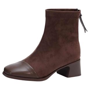 木林森女鞋2025冬季新款粗跟显瘦瘦靴通勤百搭小方头时装短靴子女