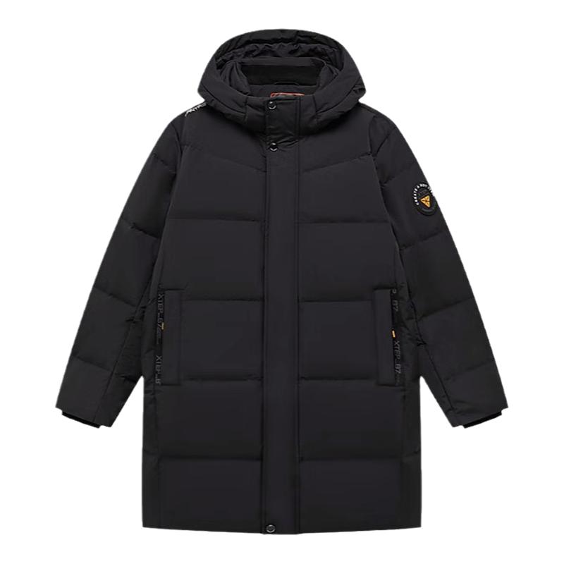 特步中长款保暖防寒连帽羽绒服