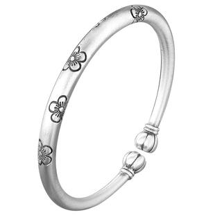 银意坊蒜头银手镯女款纯银9999实心古法南瓜头梅花对珠银镯子国风