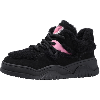 BellaLily2025冬季新款雪地保暖加绒板鞋女厚底牛皮休闲鞋棉鞋子