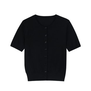 pusumede淡人松弛感 白色简约圆领短袖针织开衫女收腰正肩T恤上衣