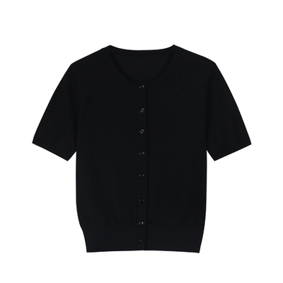 pusumede淡人松弛感 白色简约圆领短袖针织开衫女收腰正肩T恤上衣