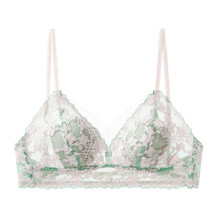 妖精的心物@法式露背内衣女夏薄款无钢圈蕾丝三角杯美背文胸套装