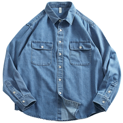 水洗做旧蓝色工装牛仔衬衫男
