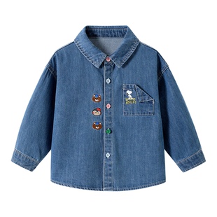 史努比女童秋装牛仔衬衫2025新款儿童时髦外套男孩春秋季长袖衬衣