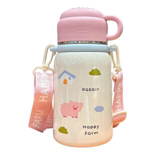 卡通保温杯女生可爱便携不锈钢泡茶杯学生户外运动斜跨式水壶带盖