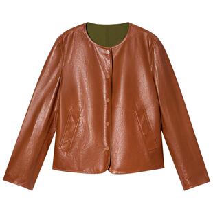 诗篇专选两面穿真皮短款皮衣外套宽松圆领夹克2025秋款