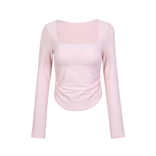 annerun雪花纱方领长袖瑜伽服上衣带胸垫假两件收腰运动健身服装