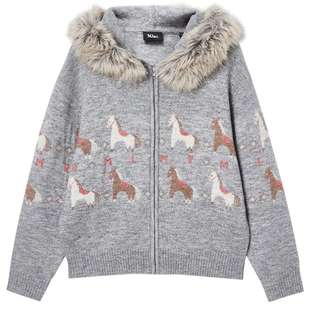 MLMR冬季新款百搭风可拆卸毛领含羊毛提花连帽针织衫毛衣男女