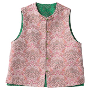 丝艺双面穿100%桑蚕丝宋锦海浪纹国风真丝马甲女年轻款提花马夹春