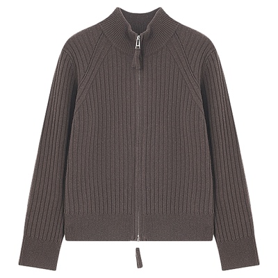 Basic House/百家好半高领咖色羊毛衫女新款拉链内搭针织毛衣外套