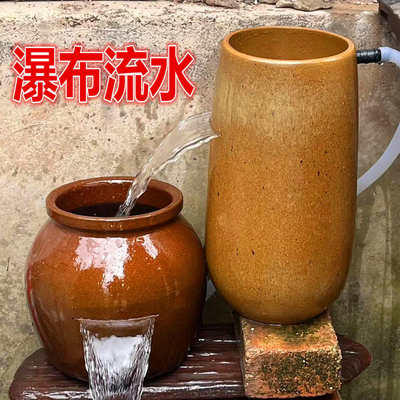 新款古法养鱼造景瀑布流水高低流水缺缝无孔水培粗陶老式高筒花盆