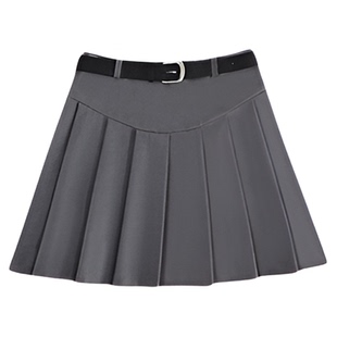 灰色百褶裙女高腰带腰带学院风短款显瘦a字西装料高级感半身裙子