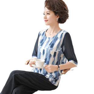 妈妈短袖中年女夏装雪纺上衣服中老年洋气小衫两件套装40岁50岁